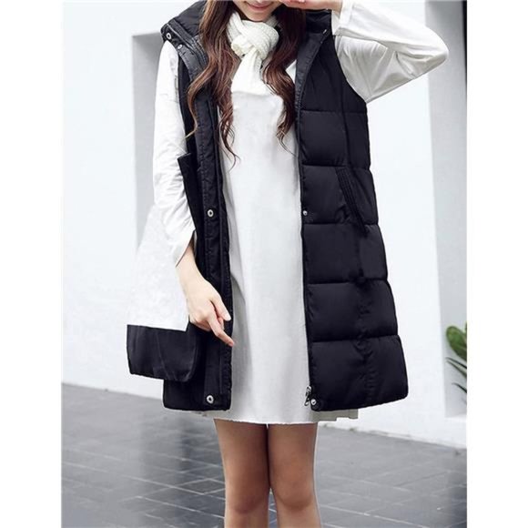 Women's Long Puffer Vest Sleeveless Coat Quilted Vest Jacket with Hood - Picture 4 of 7